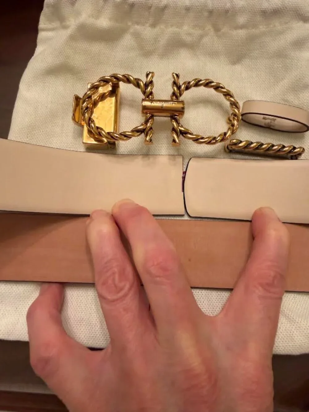 Ferragamo Goldtone Twist Beige Belt